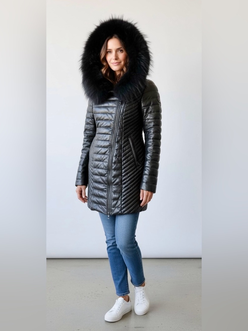 RUDSAK Lamb Leather Quilted Down Puffer Coat with real Fur Shawl Hood Size M
